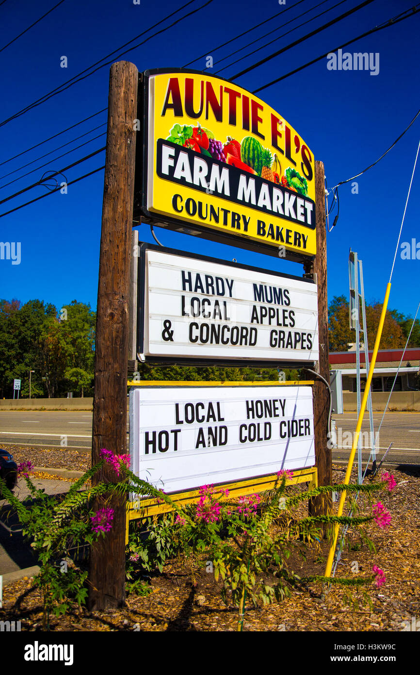 Segno di fronte a un mercato di fattoria in Sloatsburg, New York Foto Stock