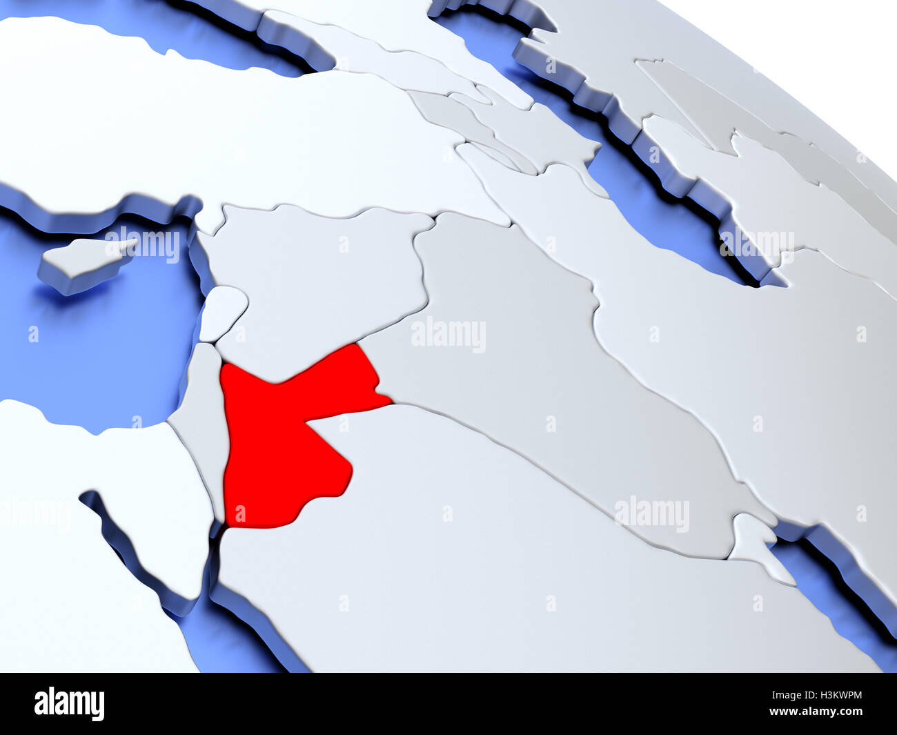Mappa di Giordania in argento elegante globo 3D con gli oceani azzurri. 3D illustrazione Foto Stock