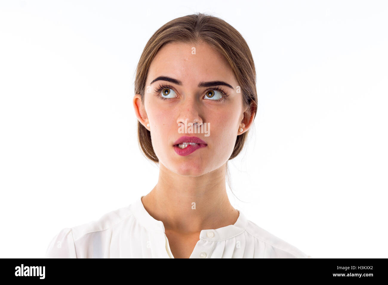 Giovane donna che mostra esitazione Foto Stock