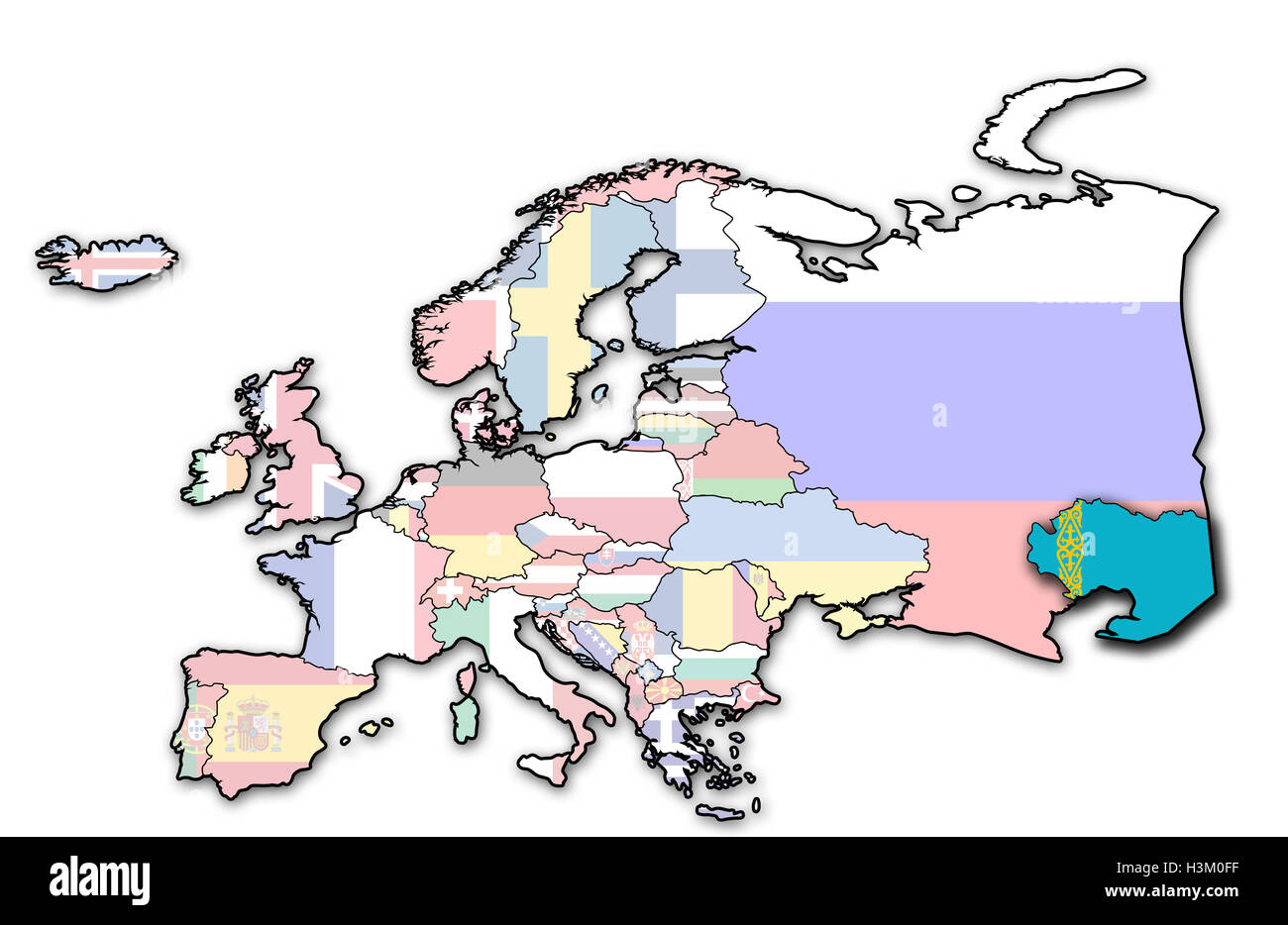 Alcuni molto vecchi grunge Mappa di Kazakistan con bandiera sulla mappa di Europa Foto Stock