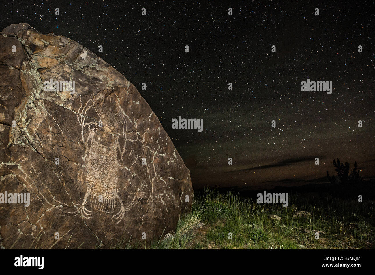 WY01024-00...WYOMING - Il pittogramma creato dai nativi americani mangiatori di pecore tribù sorge su una roccia sopra il lago di Torrey. Foto Stock