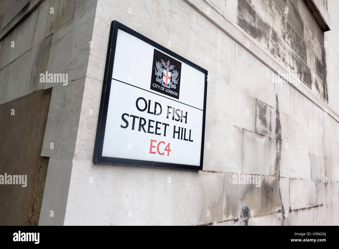 Pesce vecchio Street Hill, nome della strada segno, città di Londra, Regno Unito Foto Stock
