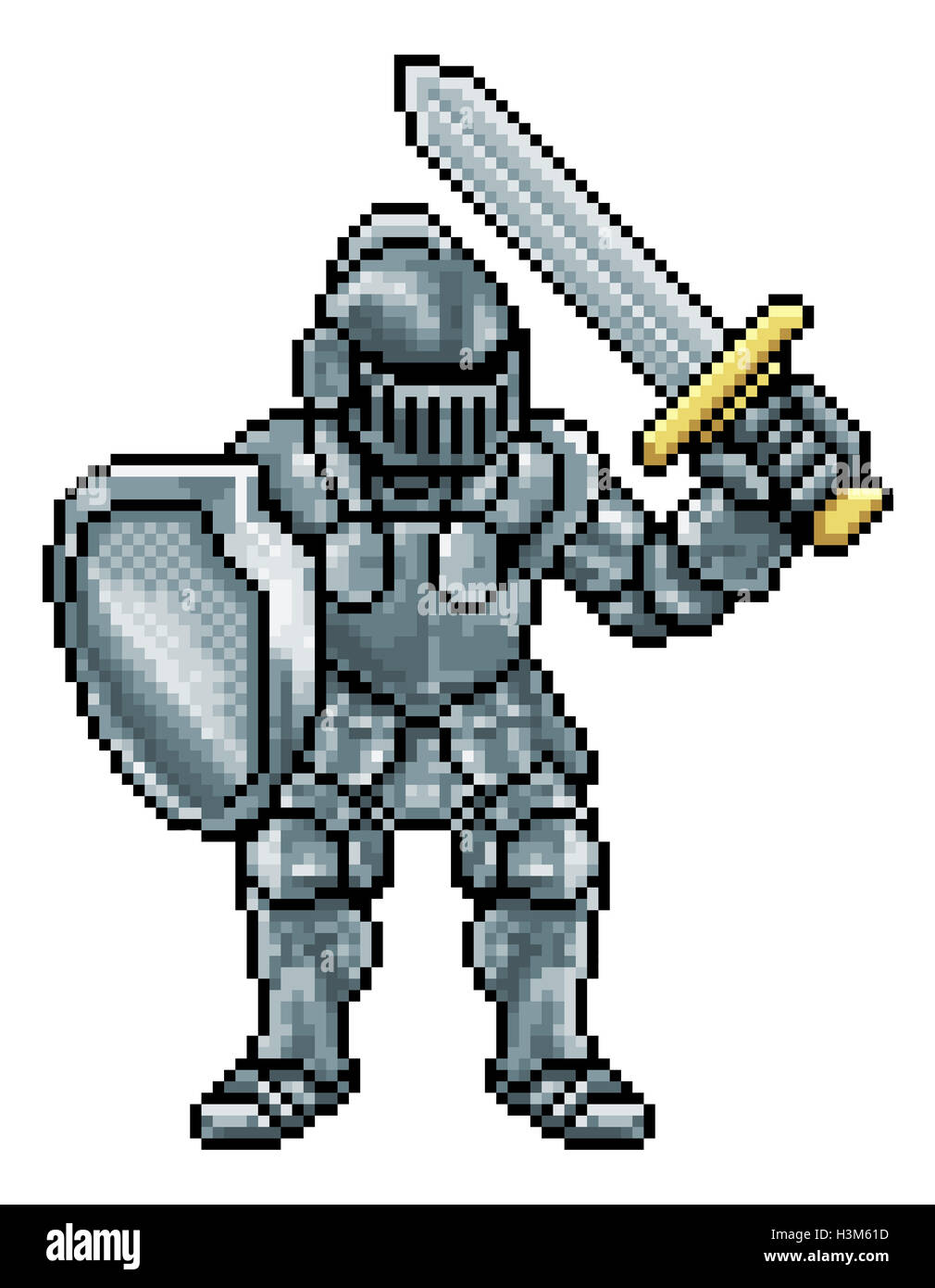 Knight personaggio dei fumetti in pixel art stile nella sua armatura che tiene una spada e scudo Foto Stock