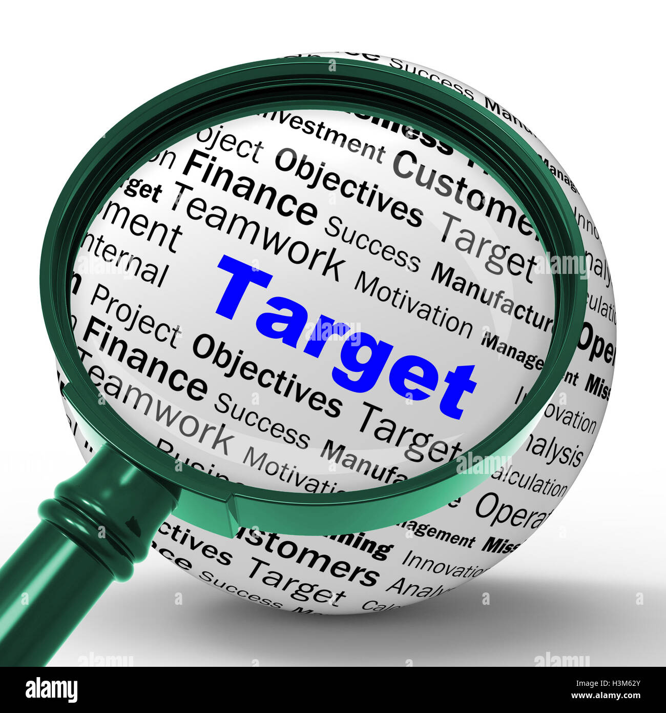Lente di ingrandimento di Target definizione indica gli obiettivi aziendali Foto Stock