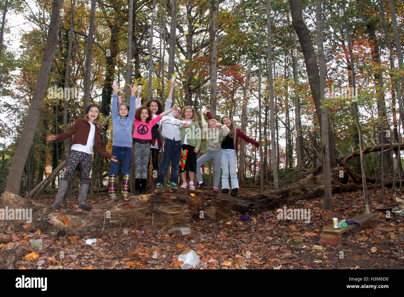 Un gruppo di bambini che giocano nel bosco Foto Stock