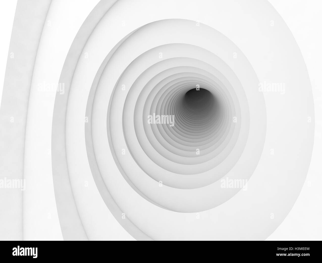 Bianco astratto sfondo digitale, vorticoso tunnel interno con fine scuro, 3d illustrazione Foto Stock