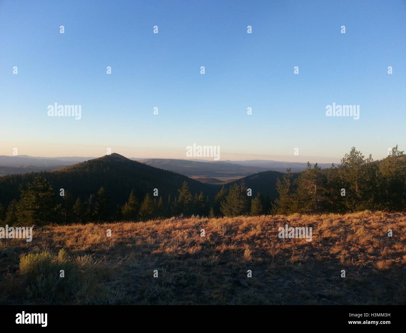 Il sorgere del sole dal pino osservatorio di montagna Foto Stock