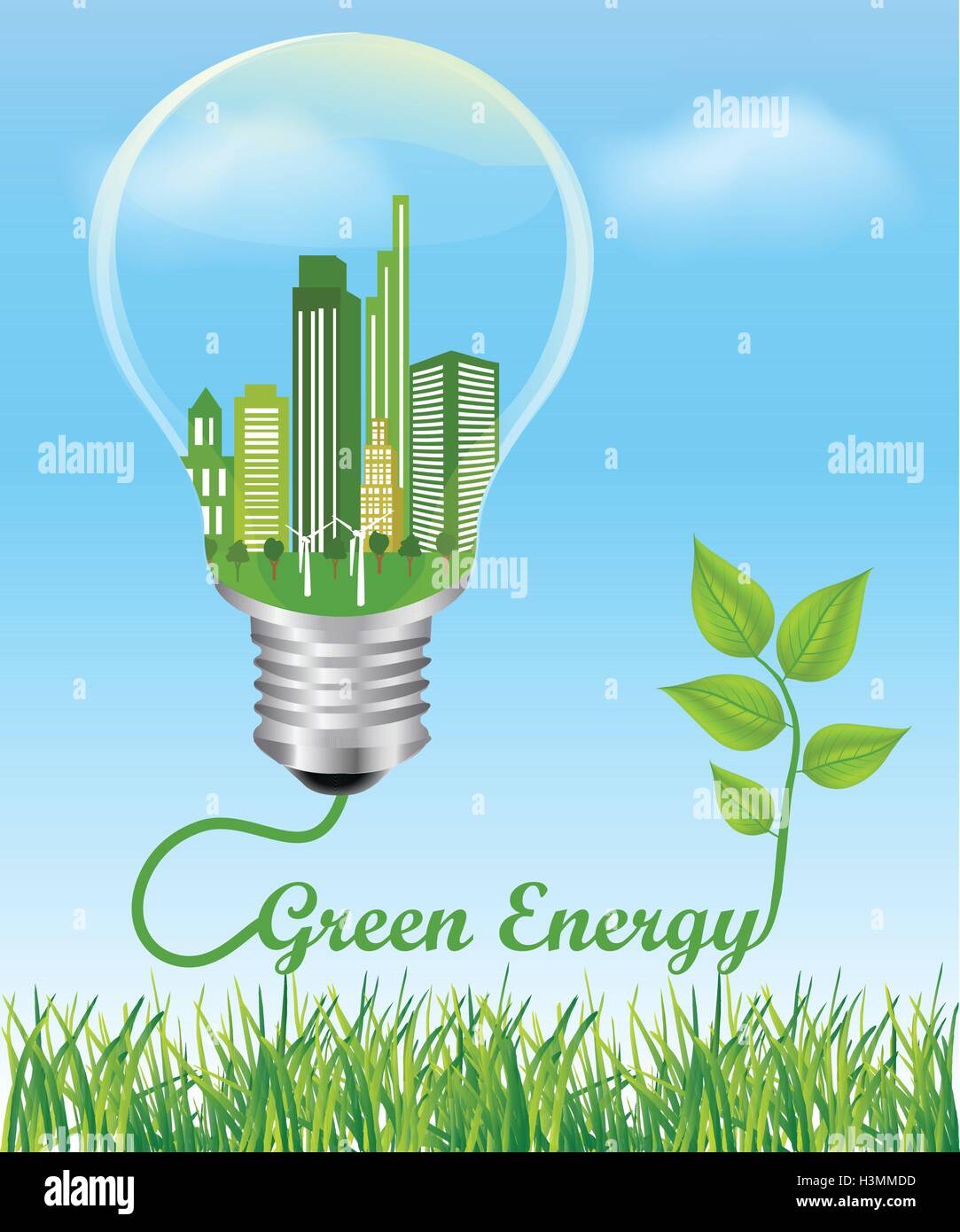 Energia verde concetto. Città della lampadina elettrica collegata ad un impianto, simbolo di energia verde ambiente energia Illustrazione Vettoriale