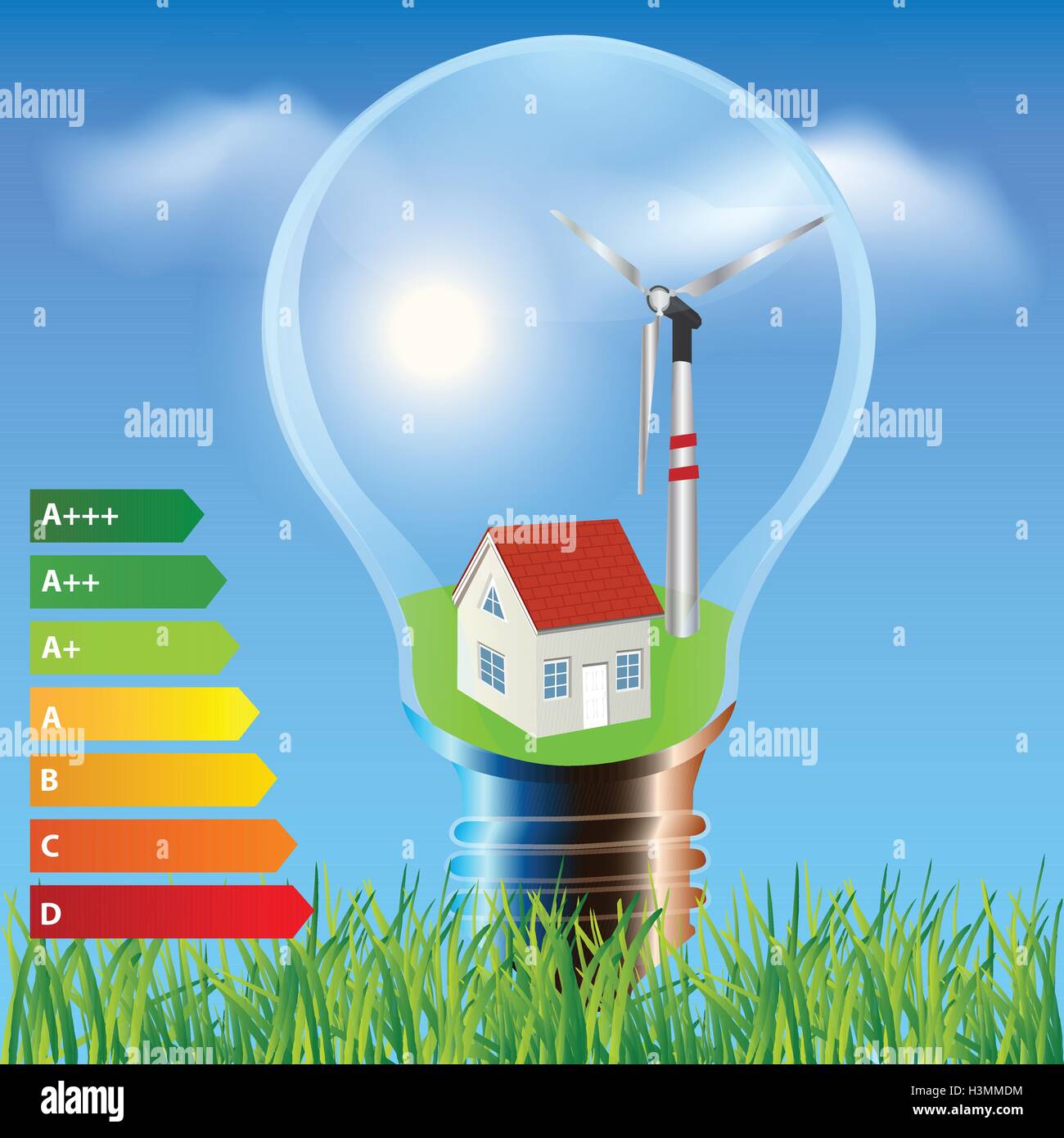 Ambiente Energia.concetto di risparmio energetico ecologia house di lampadina.Think green concept Illustrazione Vettoriale