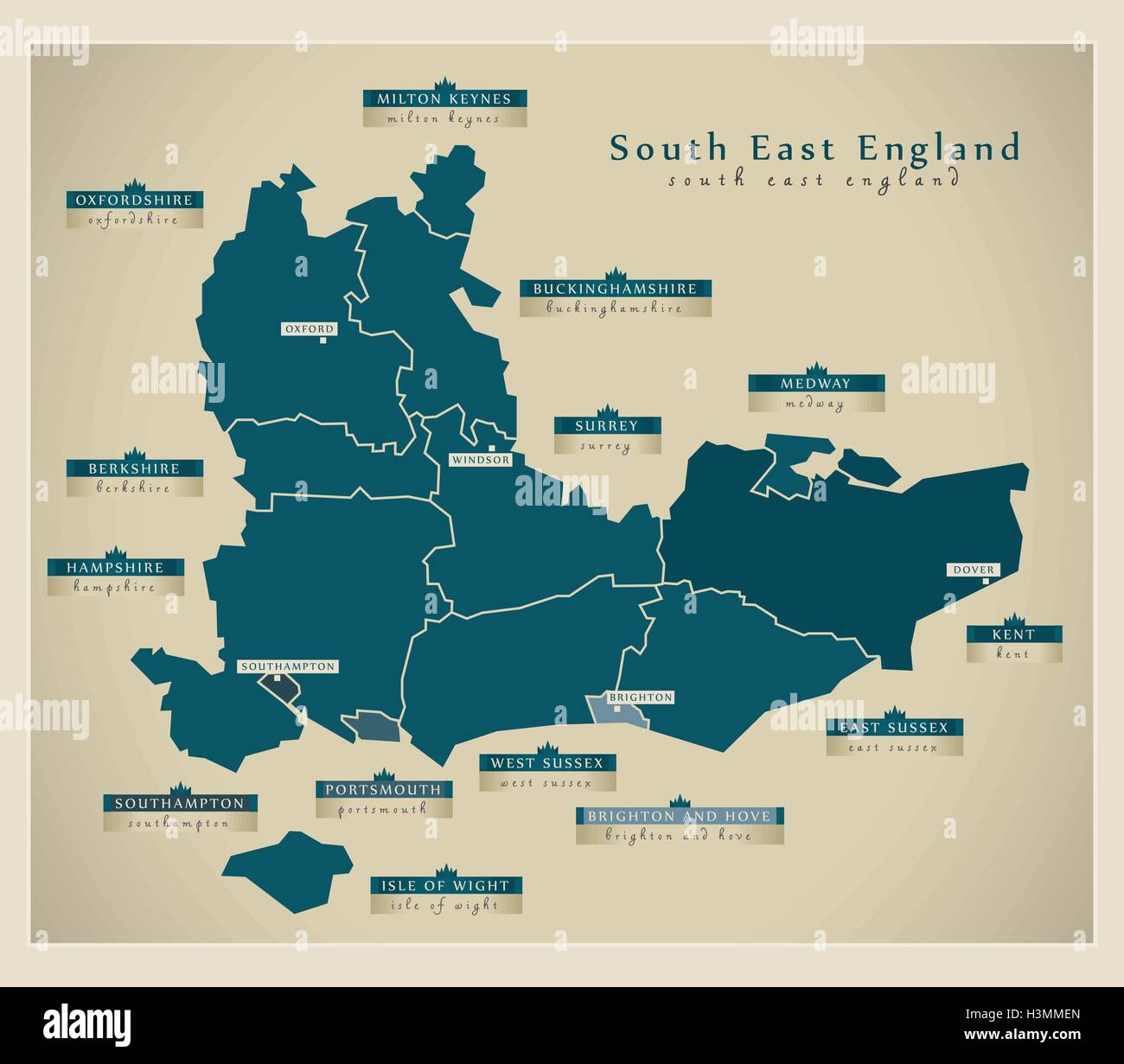 Mappa moderno - South East England Regno Unito Illustrazione Vettoriale