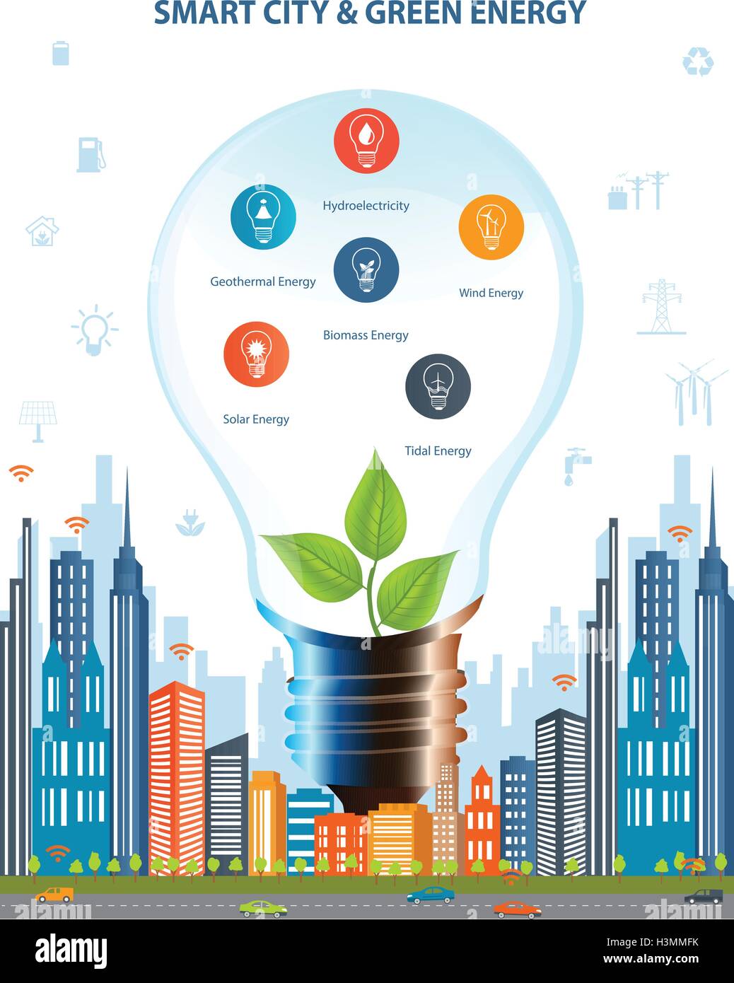 Città ecologica concetto.Smart City e il concetto di energia verde con diverse icone ambientali. Città verde design. Smart city Illustrazione Vettoriale