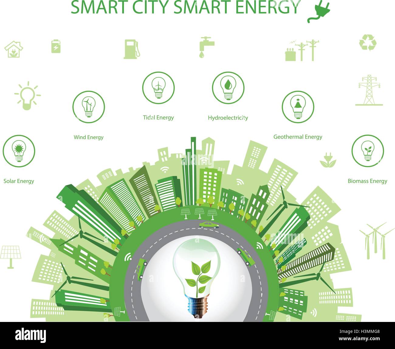 Città ecologica concetto.Smart city concetto e Smart Energy con diverse icone ambientali. Green city design mondo verde Illustrazione Vettoriale