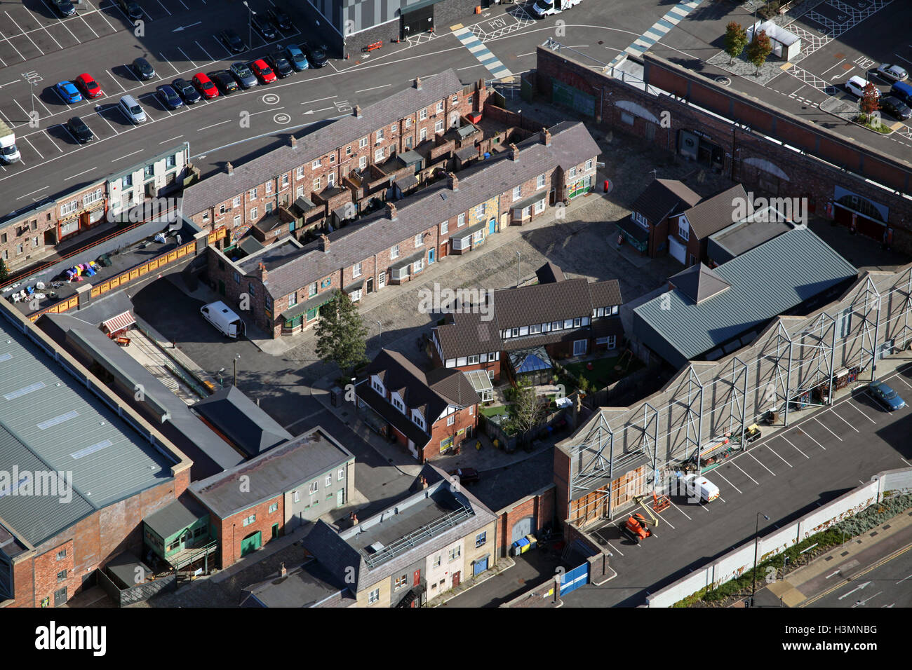 Vista aerea del Coronation Street TV posizione imposta a Manchester, Regno Unito Foto Stock
