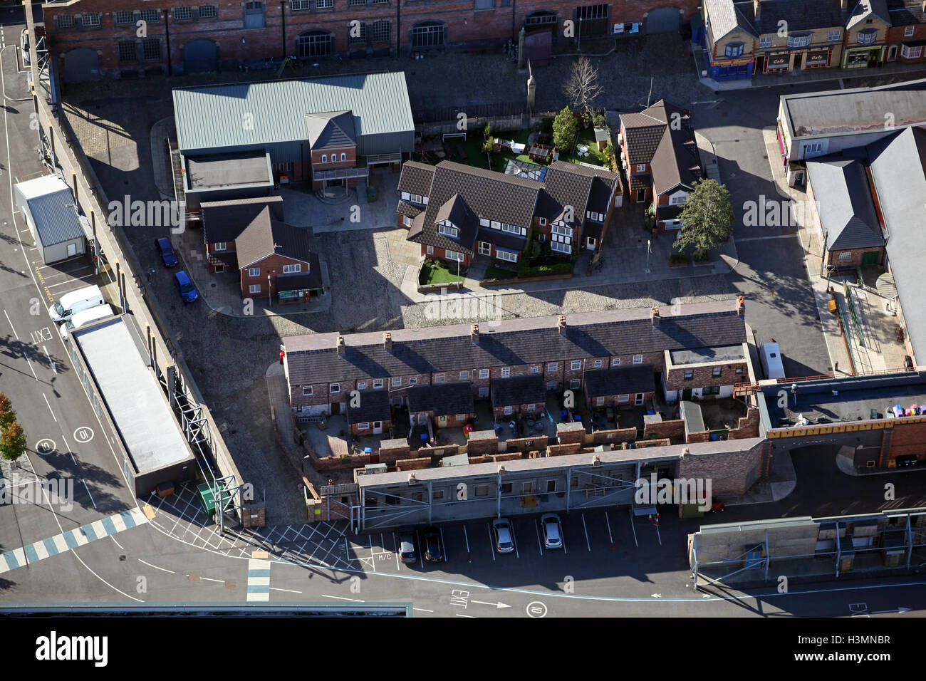 Vista aerea del Coronation Street TV posizione imposta a Manchester, Regno Unito Foto Stock