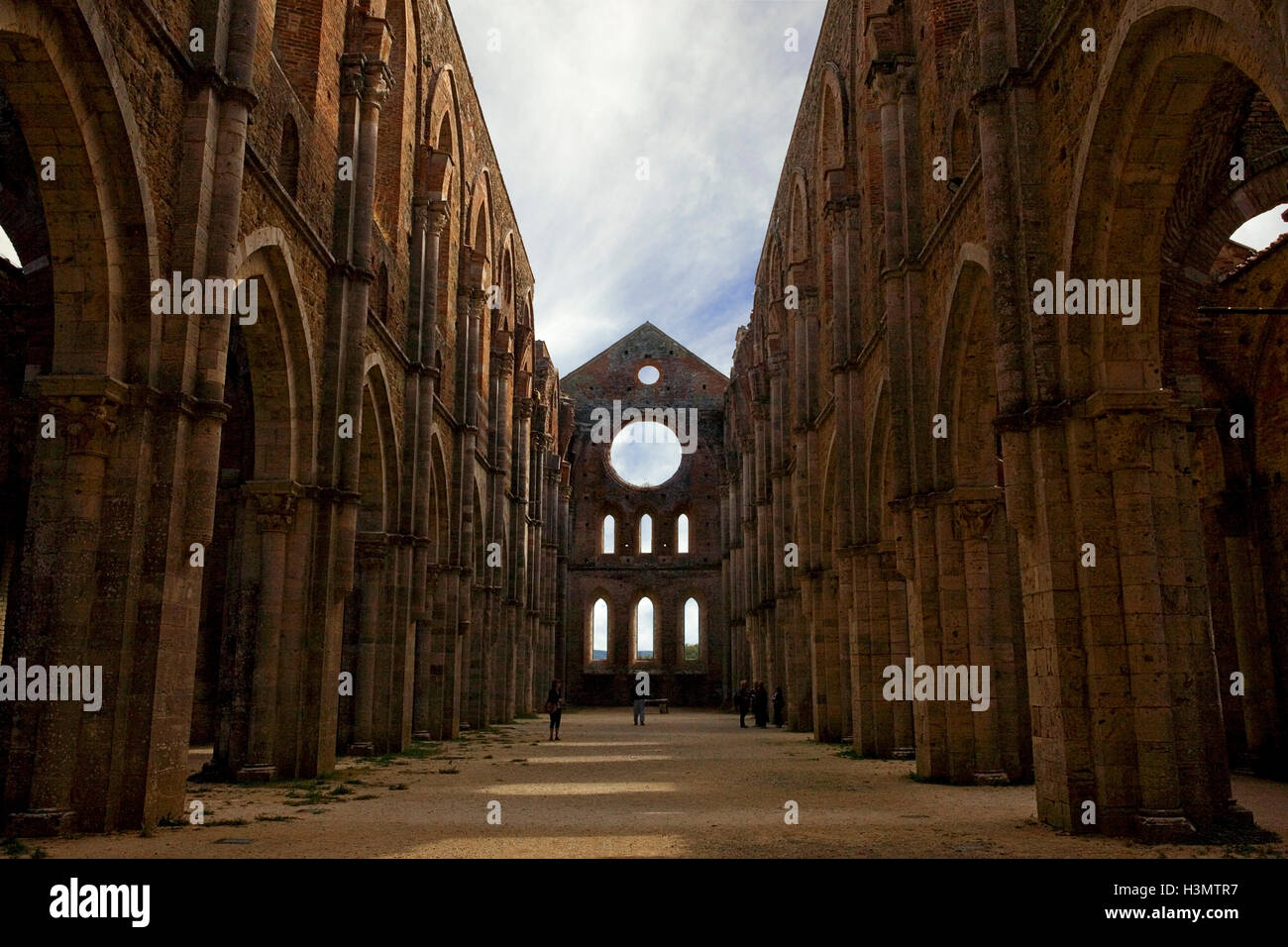 L'interno della navata scoperchiata della Abbazia Cistercense di San Galgano, la Val di Merse, Toscana, Italia Foto Stock