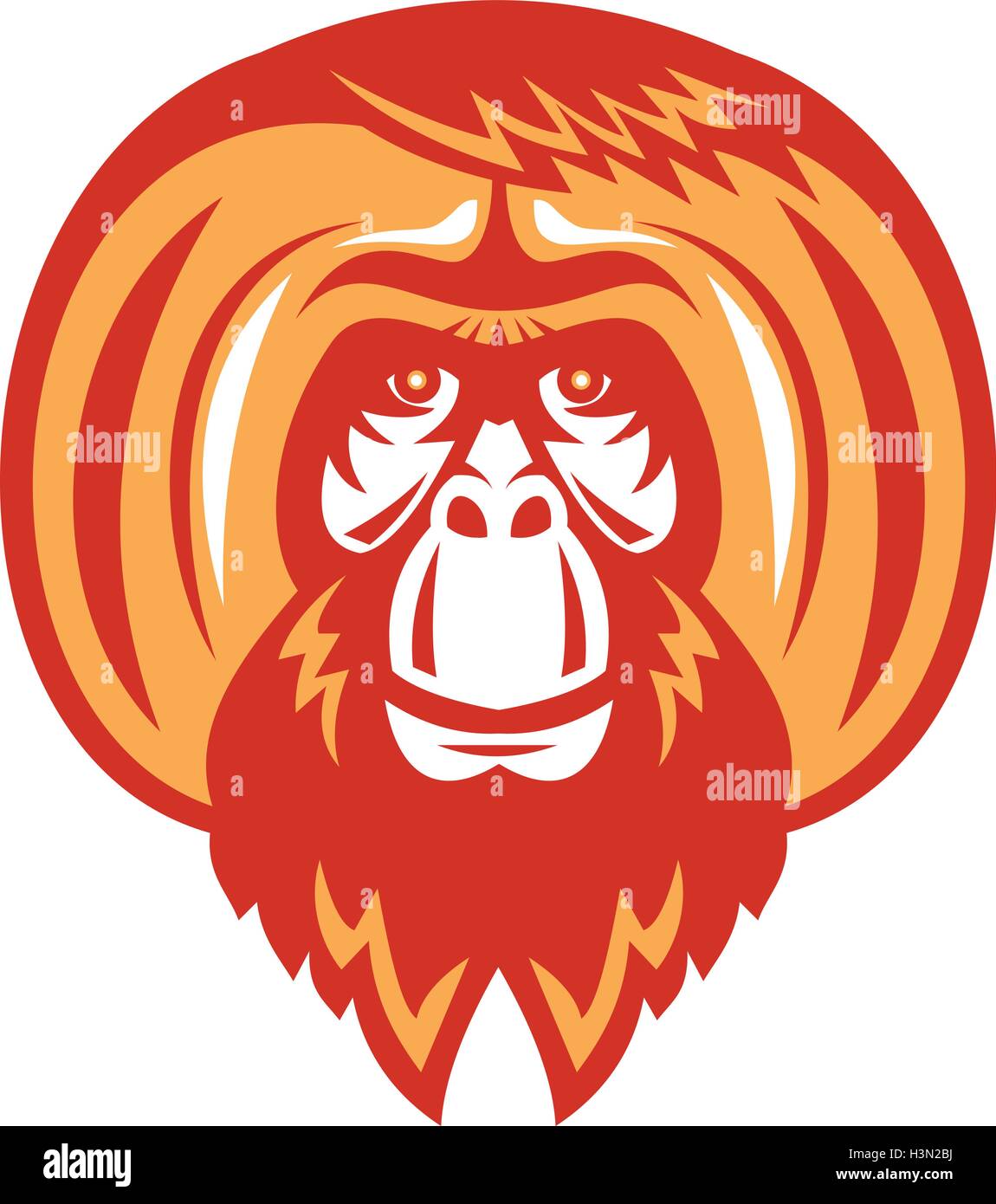 Illustrazione di un orangutan, orango, orangutang o orang-utang una specie asiatiche di extant grandi scimmie con la barba capelli facciali visto dal lato anteriore impostato su isolato sfondo bianco fatto in stile retrò. Illustrazione Vettoriale