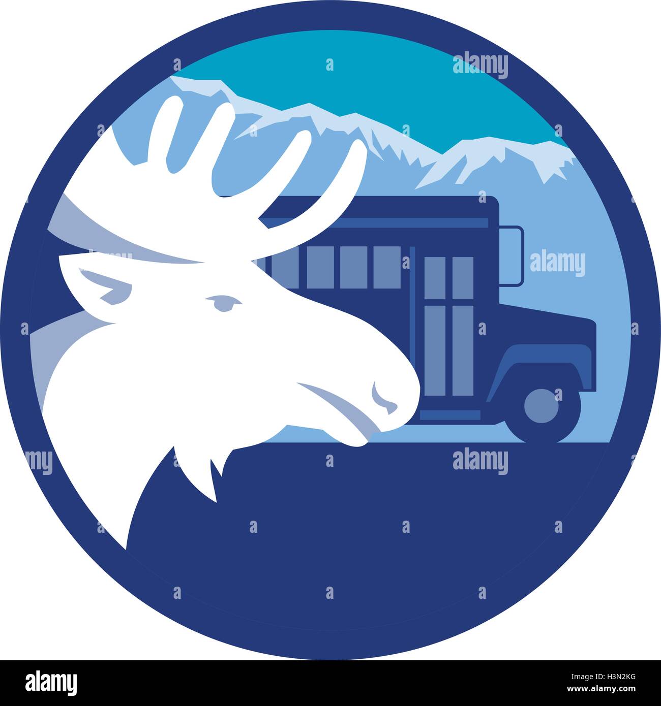Illustrazione di una testa di alce visto dal lato impostato all'interno del cerchio con il bus di scuola e le montagne delle Alpi in background fatto in stile retrò. Illustrazione Vettoriale