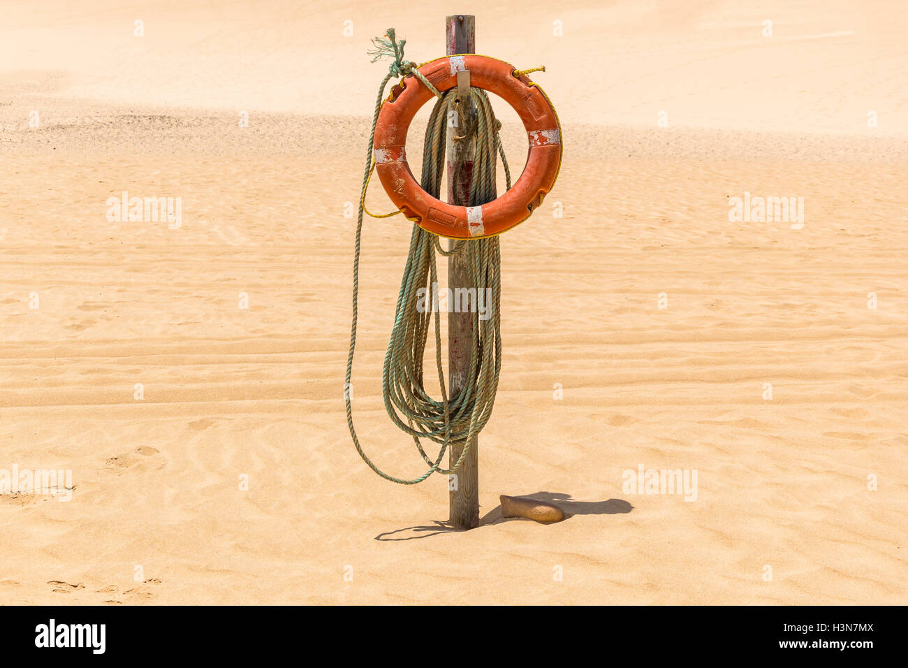 Salvagente con corda appesa su un palo di legno su una dorata spiaggia europea. Foto Stock