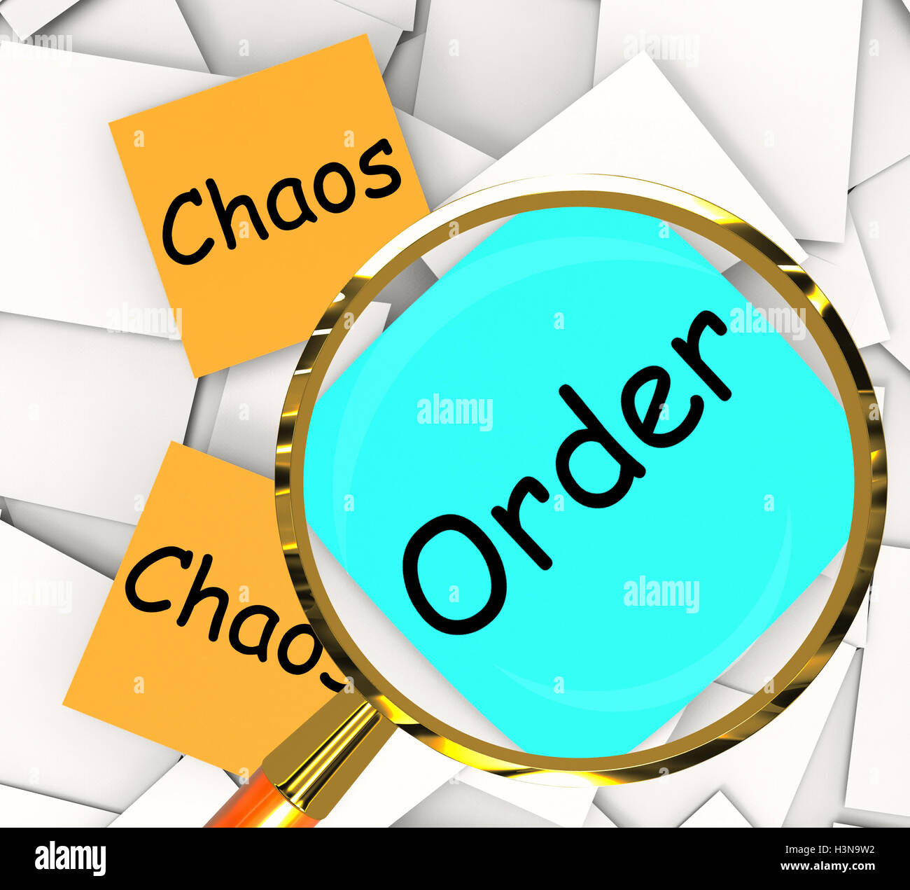 Ordine del caos Post-It paper mostra disorganizzato o ordinato Foto Stock