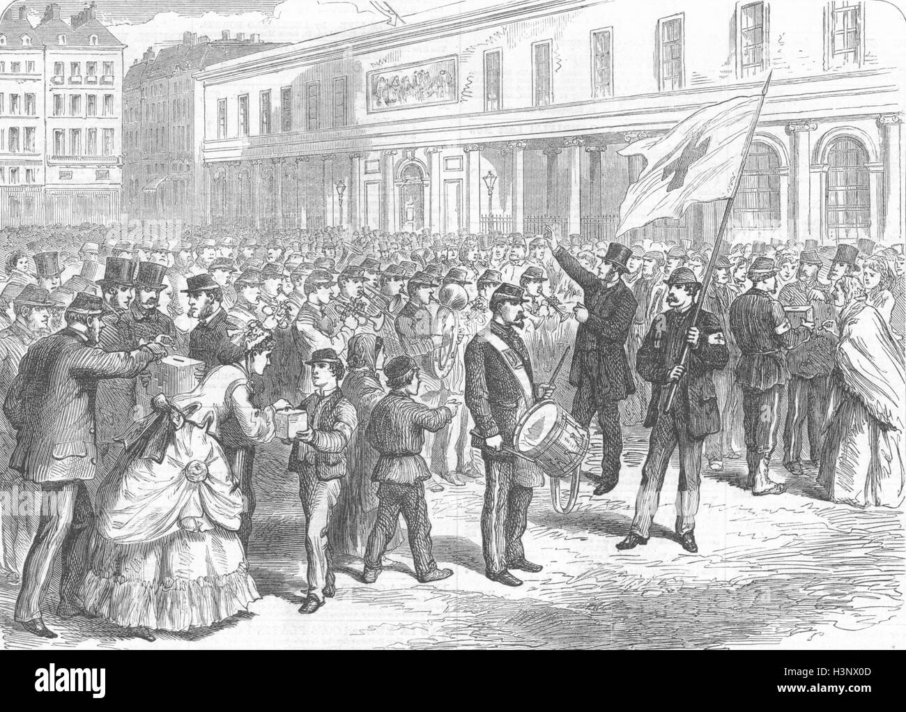 PARIS ragazzi raccogliere doni sollievo feriti 1871. Illustrated London News Foto Stock