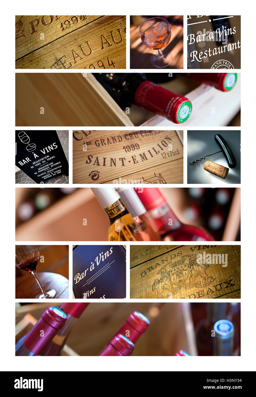 Collage di etichetta di vino, bottiglie e oggetti di aziende vinicole Foto Stock