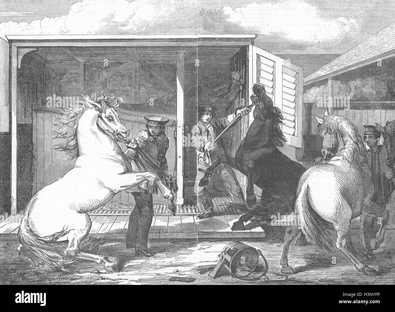 GLOUCESTER spostamento di cavalli, cambia la carreggiata, treno 1846. Illustrated London News Foto Stock