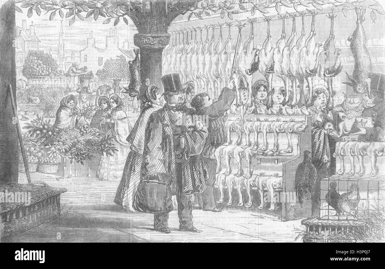 La commercializzazione dei prodotti alimentari in occasione del Natale 1856. Tempi illustrato Foto Stock