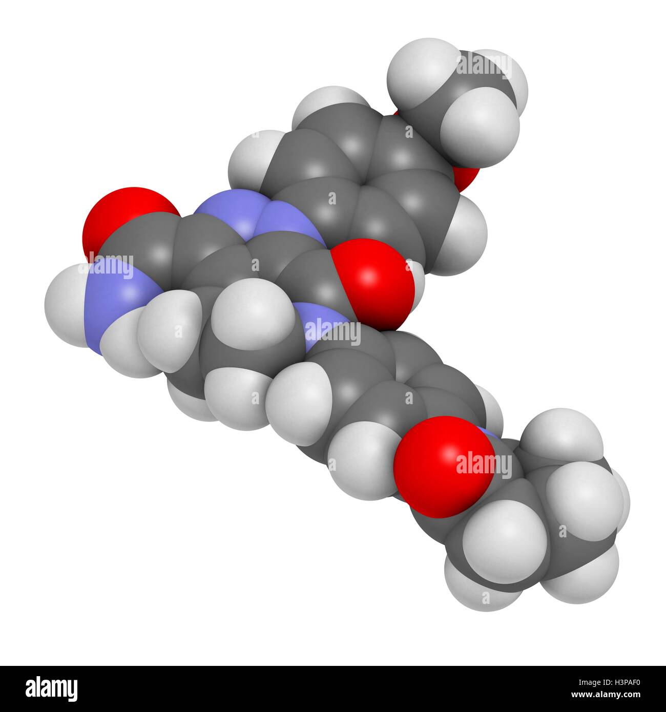 Apixaban farmaco anticoagulante molecola (diretto inibitore FXa). Gli atomi sono rappresentati come sfere con i tradizionali colori: idrogeno (bianco), carbonio (grigio), Ossigeno (rosso), Azoto (blu). Foto Stock