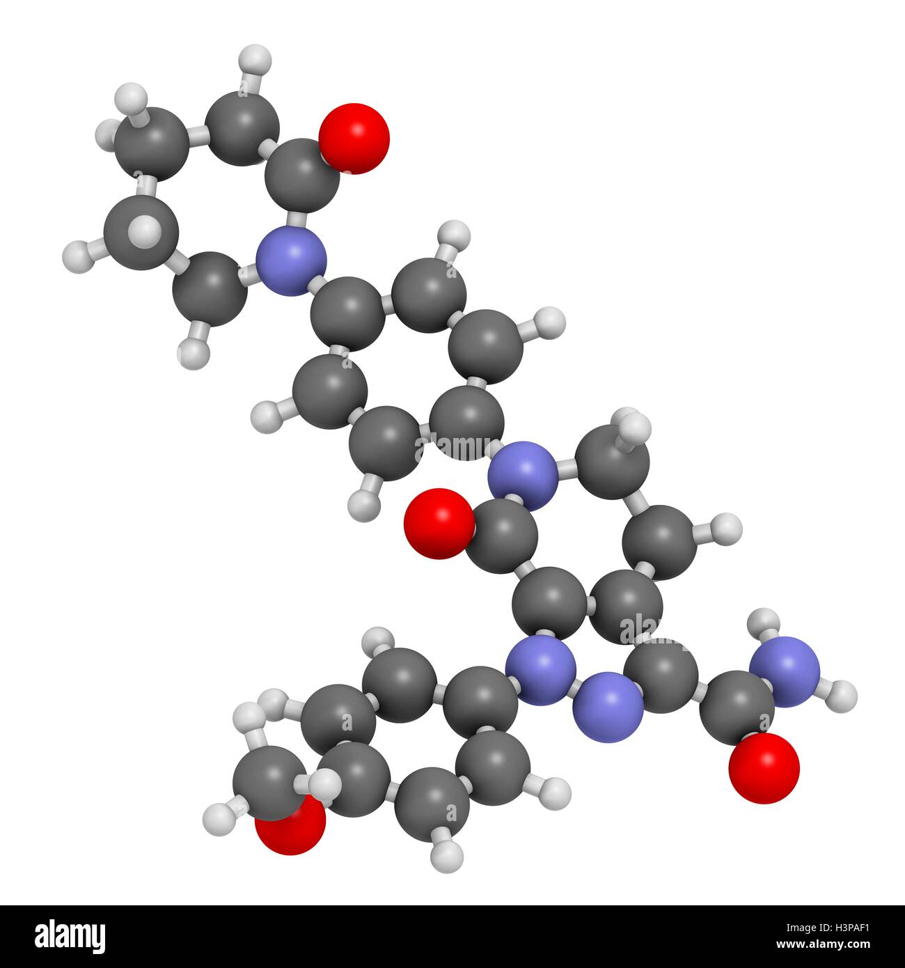 Apixaban farmaco anticoagulante molecola (diretto inibitore FXa). Gli atomi sono rappresentati come sfere con i tradizionali colori: idrogeno (bianco), carbonio (grigio), Ossigeno (rosso), Azoto (blu). Foto Stock