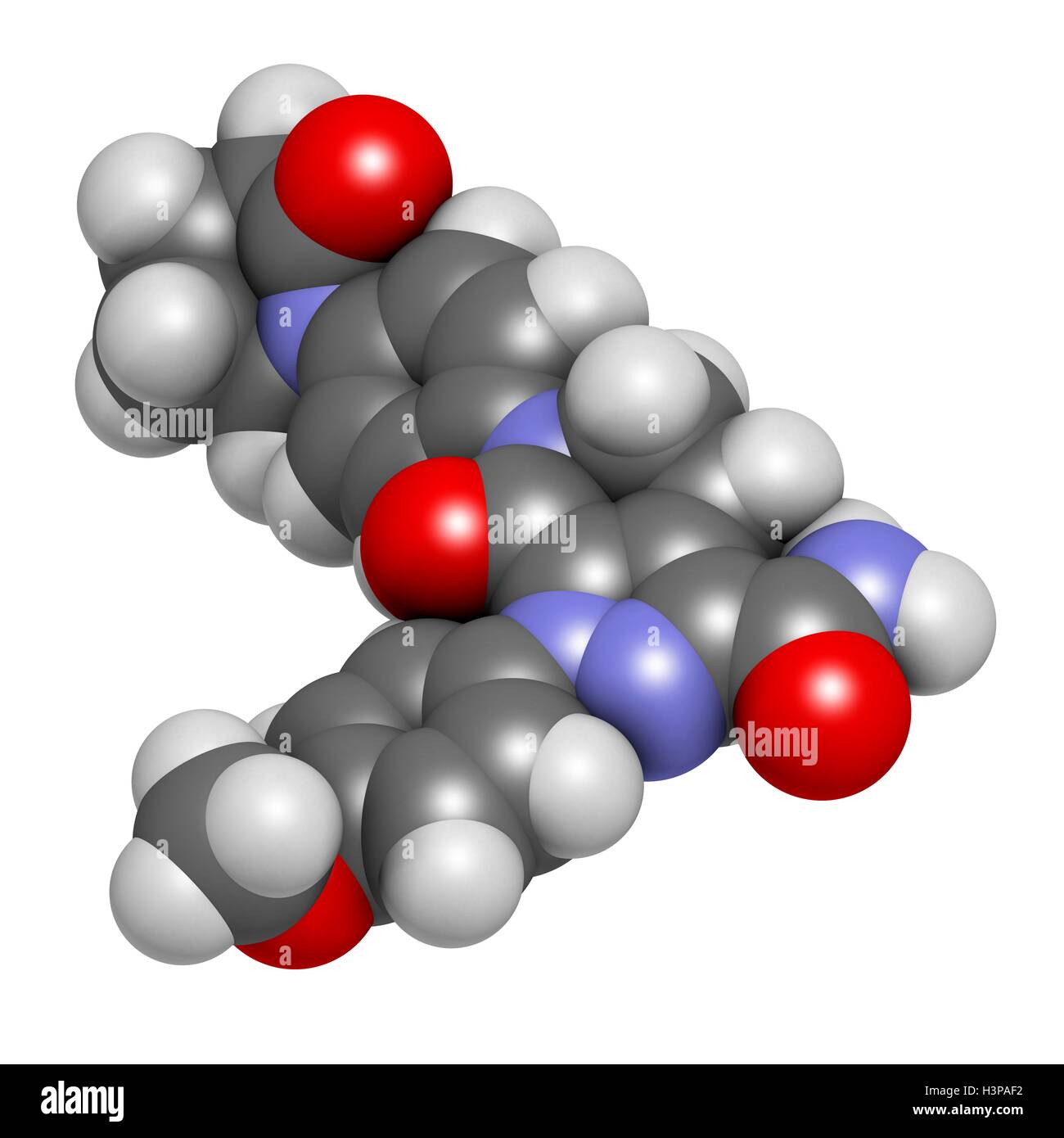 Apixaban farmaco anticoagulante molecola (diretto inibitore FXa). Gli atomi sono rappresentati come sfere con i tradizionali colori: idrogeno (bianco), carbonio (grigio), Ossigeno (rosso), Azoto (blu). Foto Stock