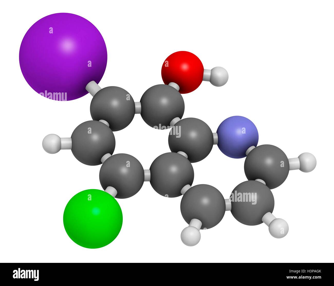 Clioquinol (iodochlorhydroxyquin) antifungini ed antiprotozoari molecola di  farmaco. Gli atomi sono rappresentati come sfere con i tradizionali colori:  idrogeno (bianco), carbonio (grigio), Azoto (blu), Ossigeno (rosso), cloro  (verdi), iodio (viola ...