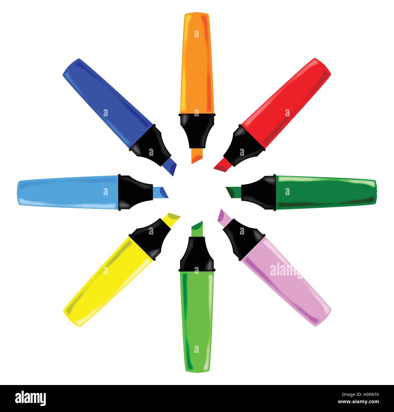 Una raccolta di 8 diversi colori evidenziatori disposti in un cerchio su sfondo bianco Illustrazione Vettoriale