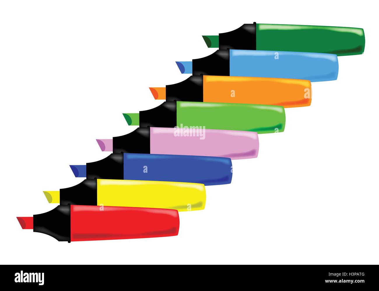 Una raccolta di 8 diversi colori evidenziatori disposti su uno sfondo bianco Illustrazione Vettoriale