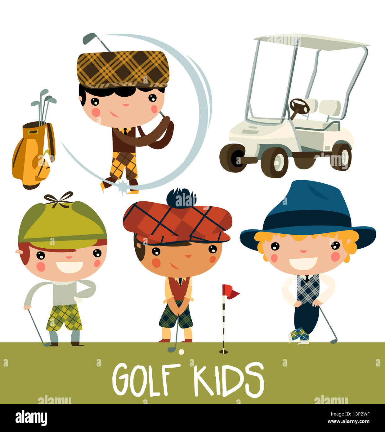 Golf bambini. Cartoon carino golf giocatori. vettore di set di caratteri. Foto Stock