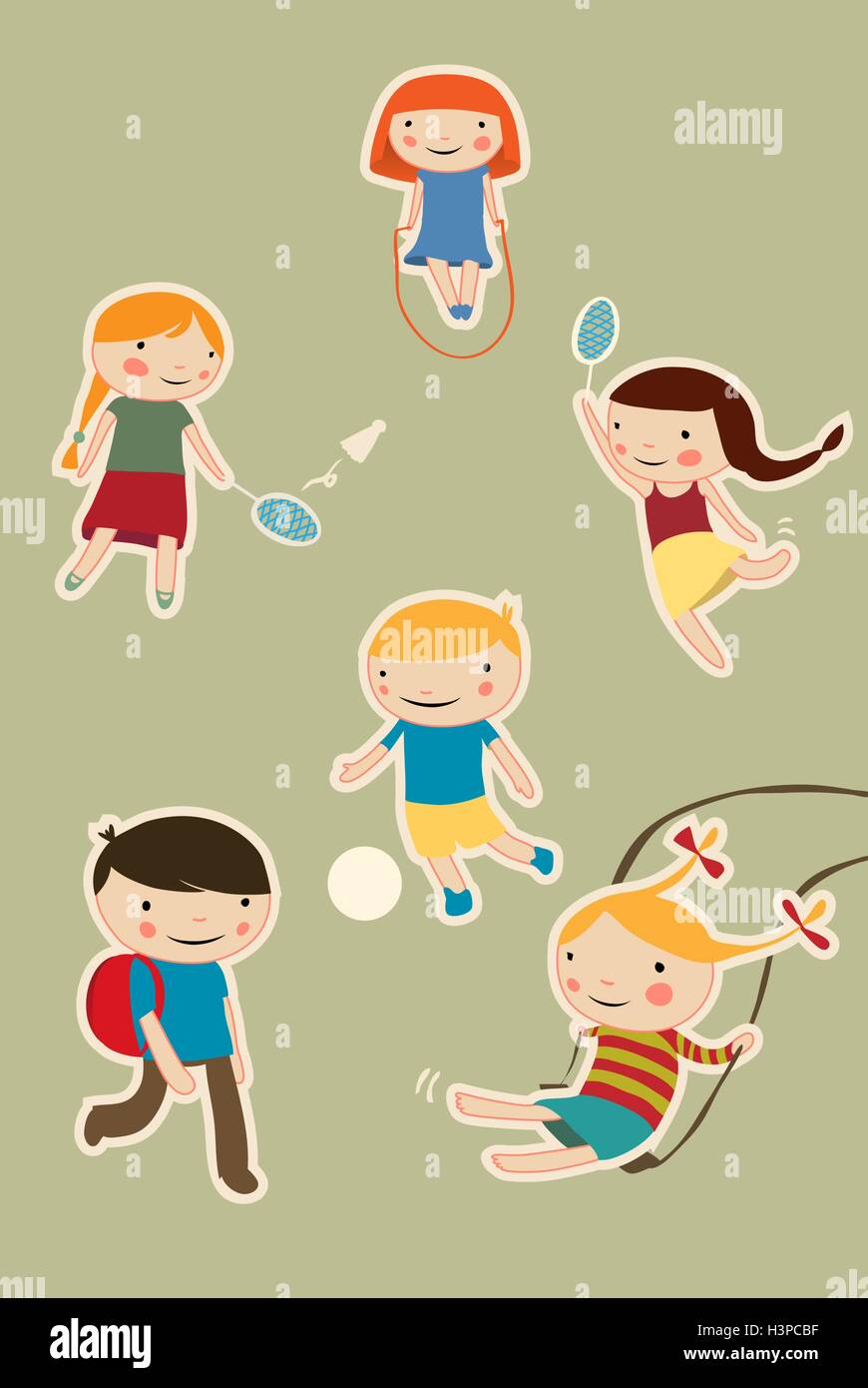 I bambini che giocano nel parco. set di cartoon bambini facendo sport. vettore illusrtation Foto Stock