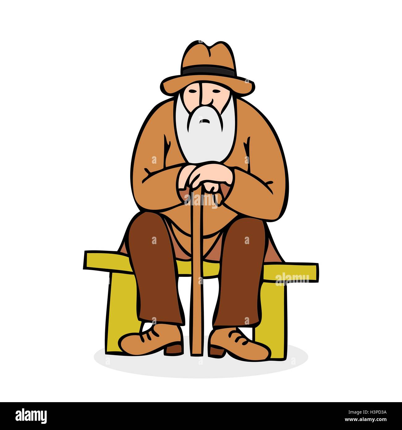 Funny uomo vecchio con il cappello e il bastone da passeggio. Nonno con la  barba lunga seduta su una panchina. Colorata in stile fumetto illustrazione  vettoriale Immagine e Vettoriale - Alamy