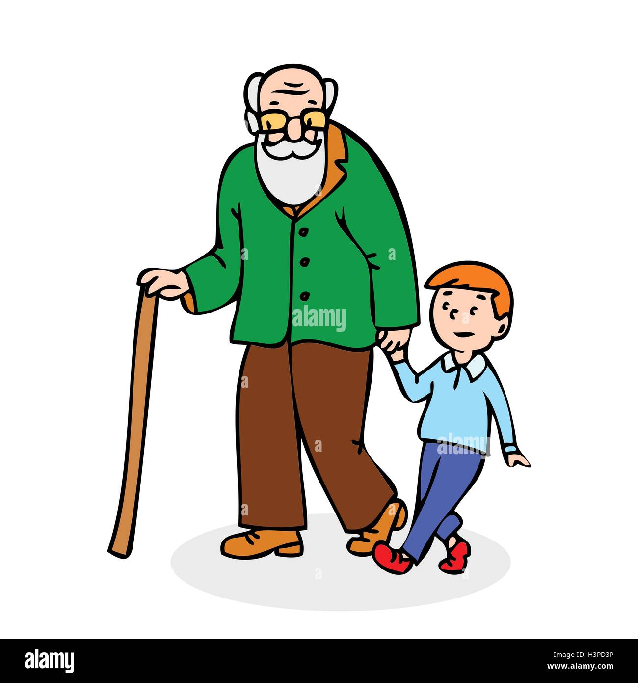 Il nonno con il nipote. Funny uomo vecchio con bastone da passeggio e con ragazzo. Colorata in stile fumetto illustrazione vettoriale su bianco backgroun Illustrazione Vettoriale