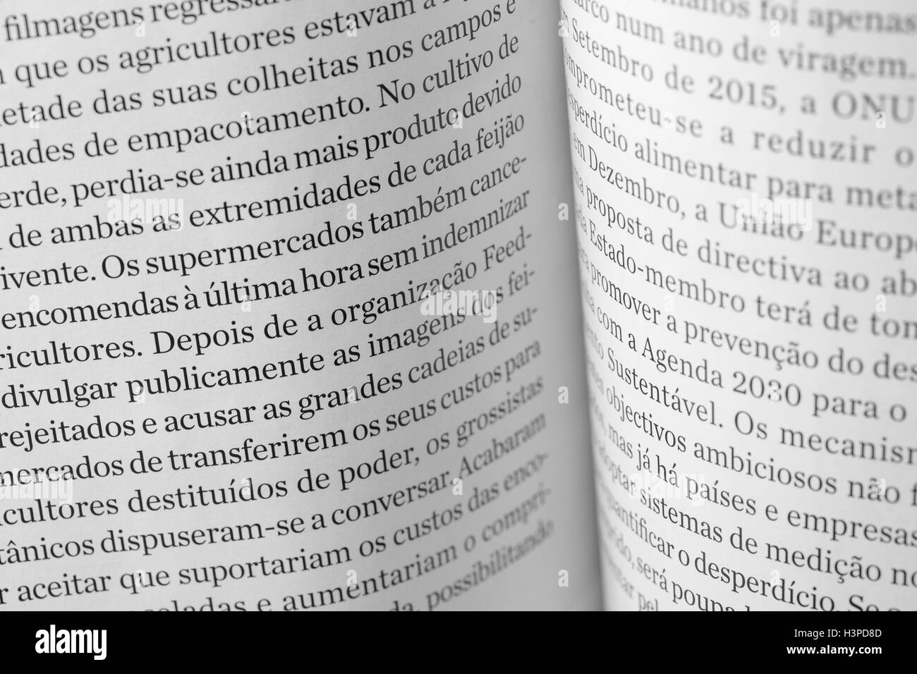 Primo piano lettere in un libro portoghese, dettaglio Foto Stock