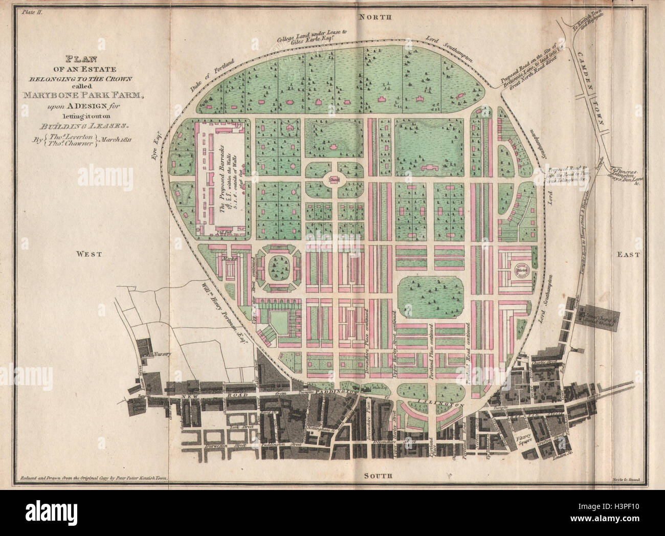 Leverton & Chawner il Regent's Park plan. Marybone Park Farm. Marylebone 1815 mappa Foto Stock