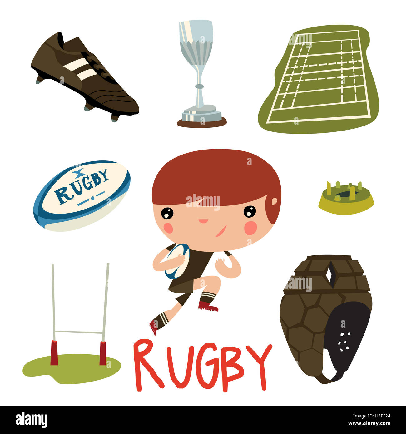 Attrezzature di rugby set. rugby carino kid carattere vettoriale. Foto Stock