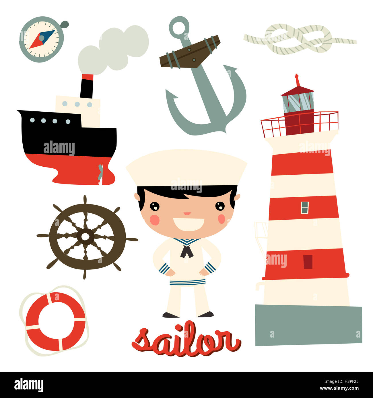 Sailor ragazzo simpatico personaggio. ancoraggio, ruota, barca, nave, corda, faro Foto Stock