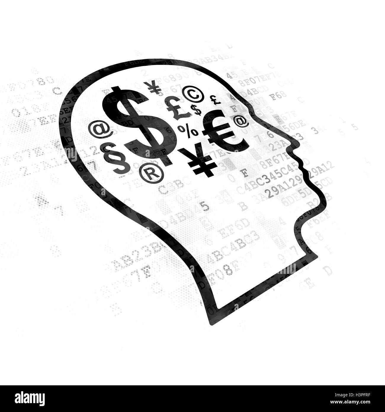 Il concetto di apprendimento: testa con il simbolo delle finanze su sfondo digitale Foto Stock