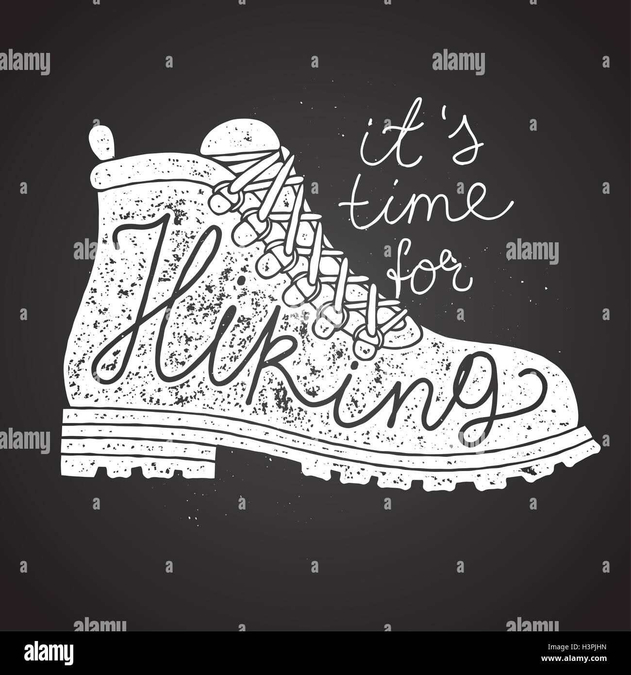 Tempo per escursionismo lettering escursionismo boot chalk on board. illustrazione vettoriale Foto Stock