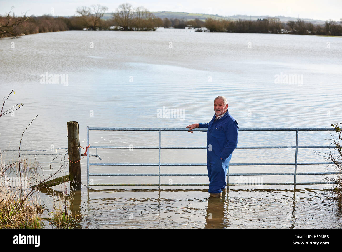 Un agricoltore guarda al profondo acqua di inondazione per la sua azienda di campi durante il mese di febbraio 2014 Inondazioni in Oxfordshire Foto Stock