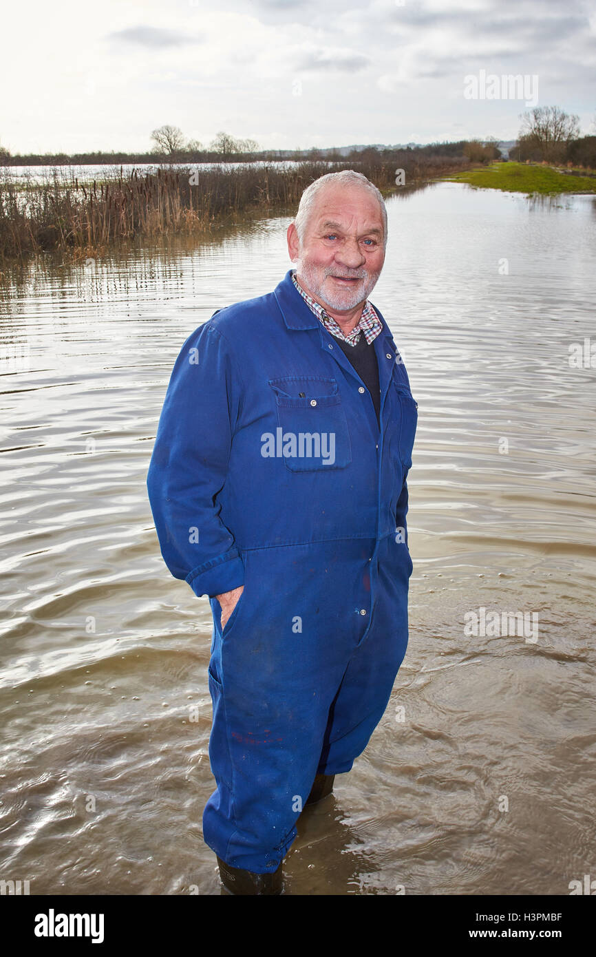 Un agricoltore guarda al profondo acqua di inondazione per la sua azienda di campi durante il mese di febbraio 2014 Inondazioni in Oxfordshire Foto Stock