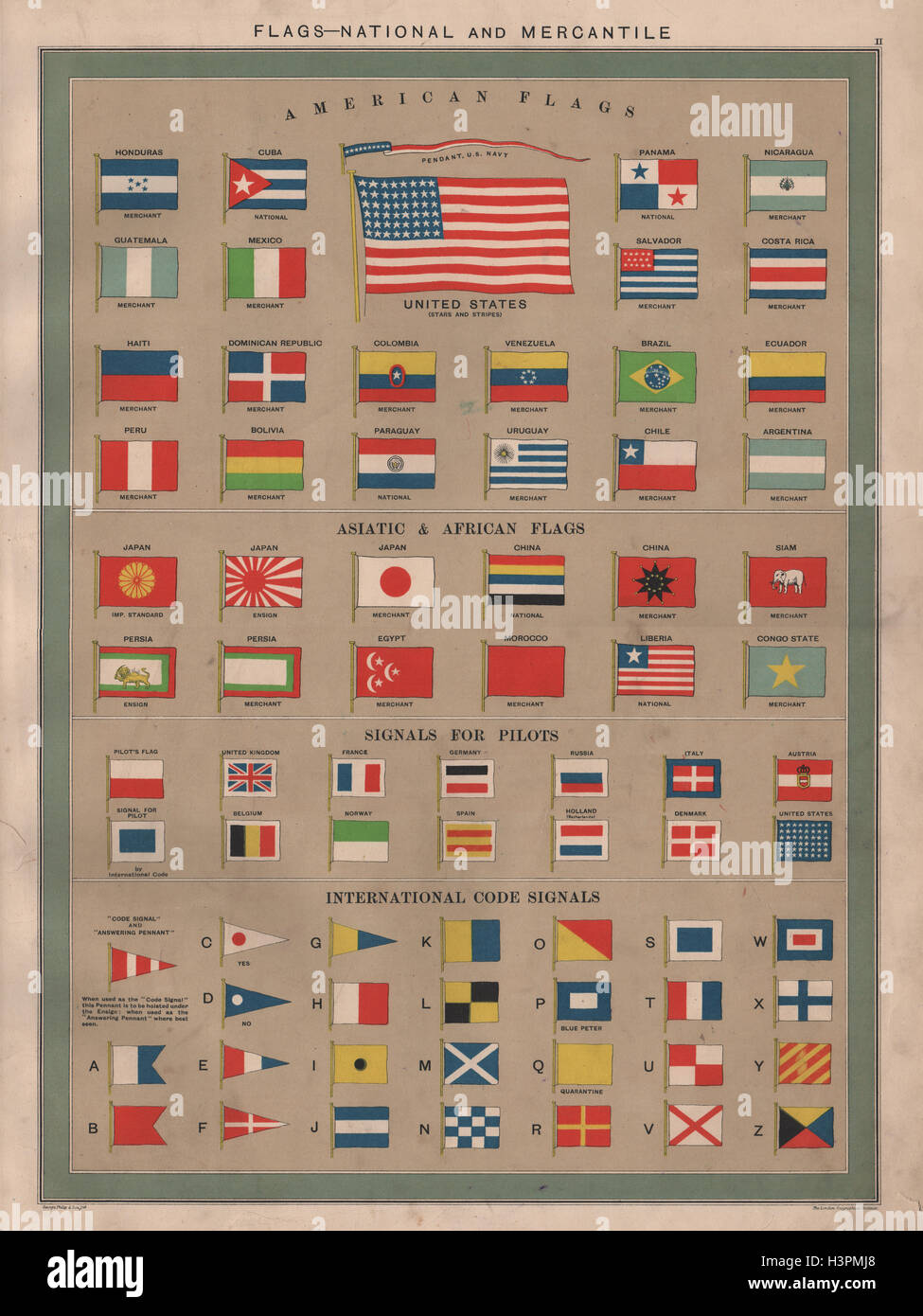 Marina Mercantile Flags America Asia Africa pilota/Int'l segnali di codice c1914 mappa Foto Stock