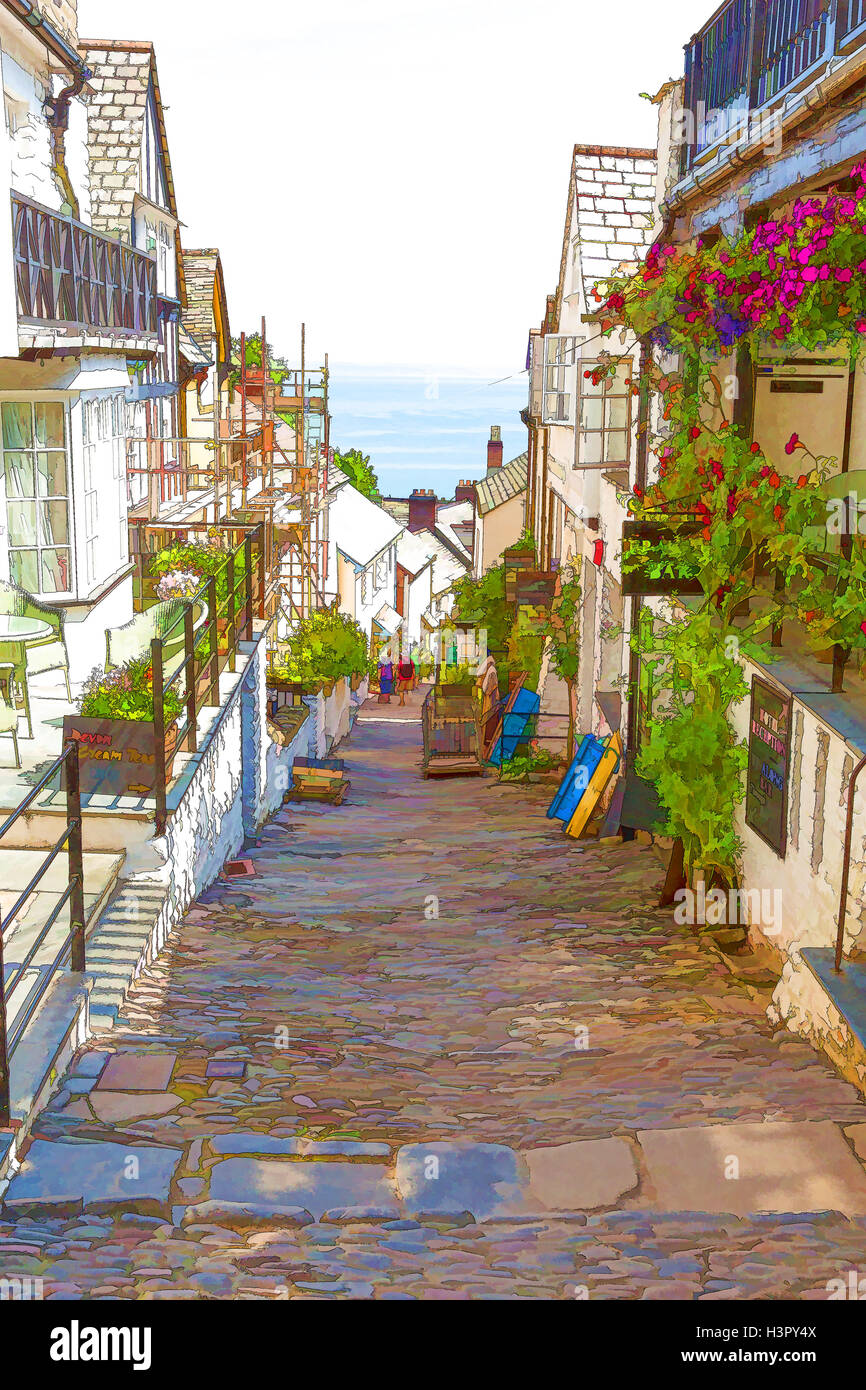 Clovelly Devon strada stretta nella storica cittadina sulla costa ovest Inghilterra Regno Unito Foto Stock