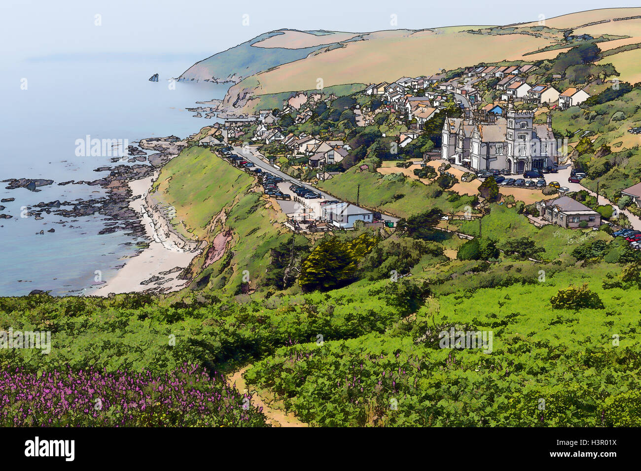 Costa sud-ovest percorso Portwrinkle villaggio costa e Whitsand Bay vicino a Looe Cornwall Inghilterra illustrazione Foto Stock