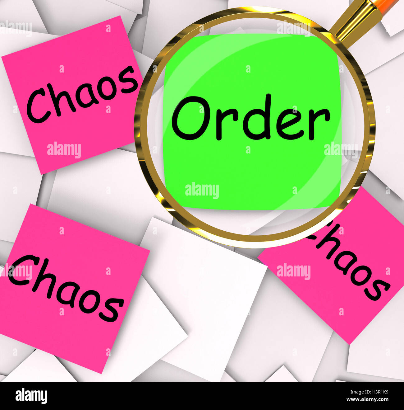 Ordine il caos Post-It Papers significa ordinata o caotica Foto Stock