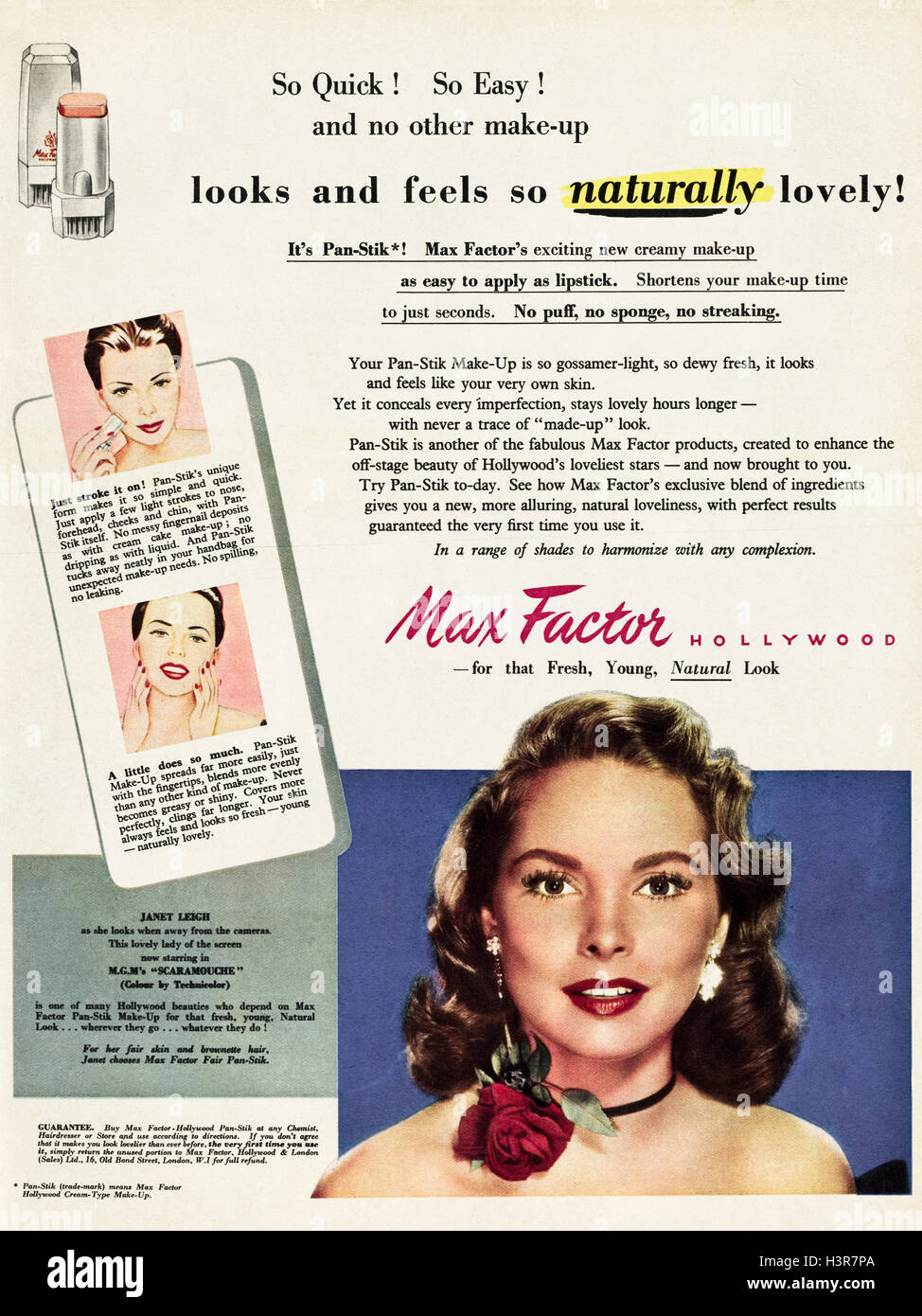 Anni Cinquanta spot pubblicitari originali dalla vecchia rivista vintage datato 1952 pubblicità per Max Factor cosmetici con Janet Leigh Foto Stock